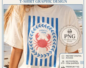 Coastal Crab Graphic Design PNG for T-Shirt, Nautical Beach Digital Download, Summer Ocean Crab Clipart, Print on Demand Commercial Use