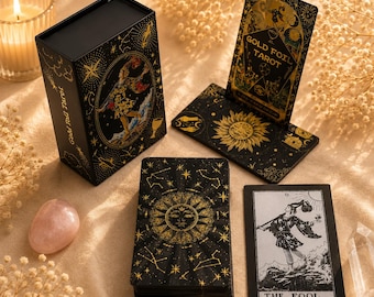 Gold Foil Tarot Cards with Wooden Display Stand – Luxury Rider Waite Tarot Deck | Waterproof Divination Cards for Spiritual Reading