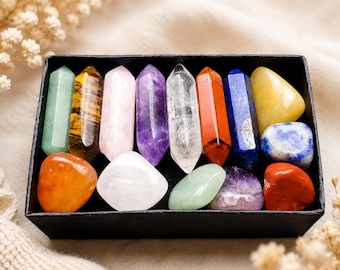 14 Chakra Crystal Set | Natural Healing Stones Gift Box | Amethyst, Rose Quartz, Clear Quartz, Lapis Lazuli | Meditation & Spiritual Decor