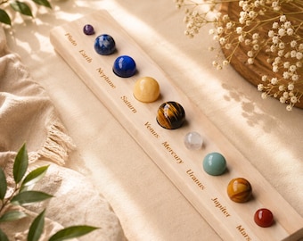 Solar System Crystal Model | 9 Gemstone Planets with Wooden Stand, Space Decor