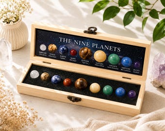9 Planet Solar System Crystal Set – Natural Gemstone Planets Display Box | Astrology Gift | Space & Crystal Collection