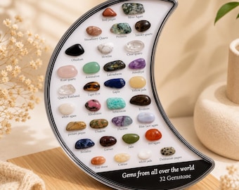Moon Crystal Display | 32 Natural Gemstones Collection | Crescent Moon Mineral Display Case | Crystal Collector Gift | Gemstone Set