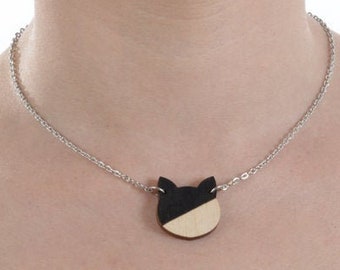 Collana gatto in legno dipinta a mano, collane animali regalo porta fortuna dipinti a mano con illustrazione d'autore