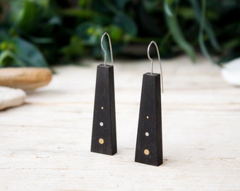 Wood dangle earrings, handmade brass, steel and natural ebony wood geometric earrings, statement earrings, minimalist earrings gift women