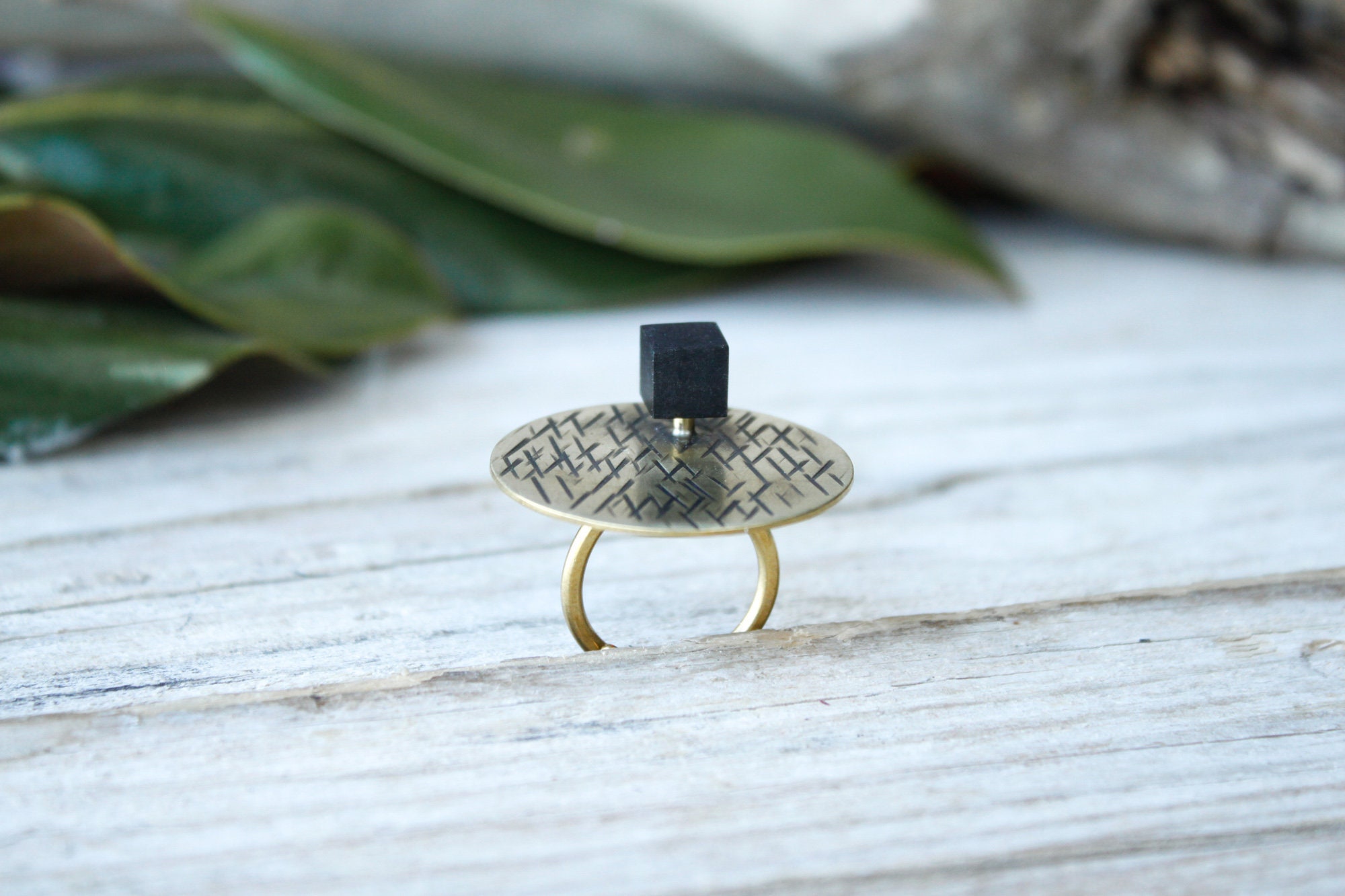 Golden band ring adjustable, wood geometric cube ring, minimal gold