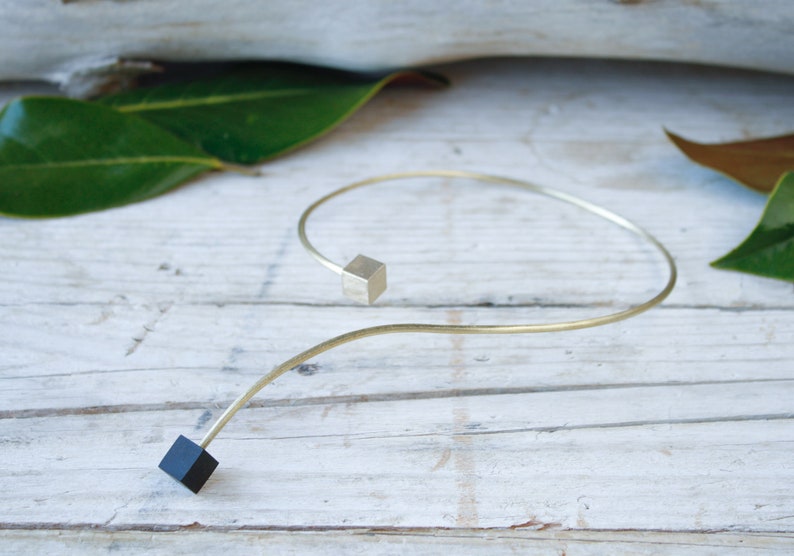Gold flexible choker handmade necklace for woman minimal necklace gift for girl bridesmaid shiny hammered brass and geometric wood