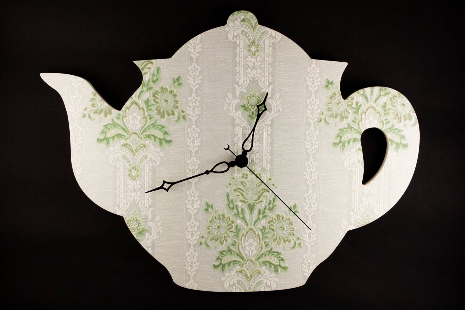Wood wall clock, teapot clock, vintage floral wallpaper, kitchen teapot