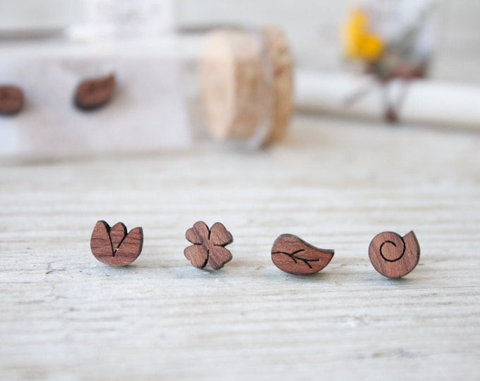 Featured listing image: Nature stud earrings, wood earrings studs for men and women, natural wood tiny stud handmade earrings, leaf, bud, snail, four-leaf clover
