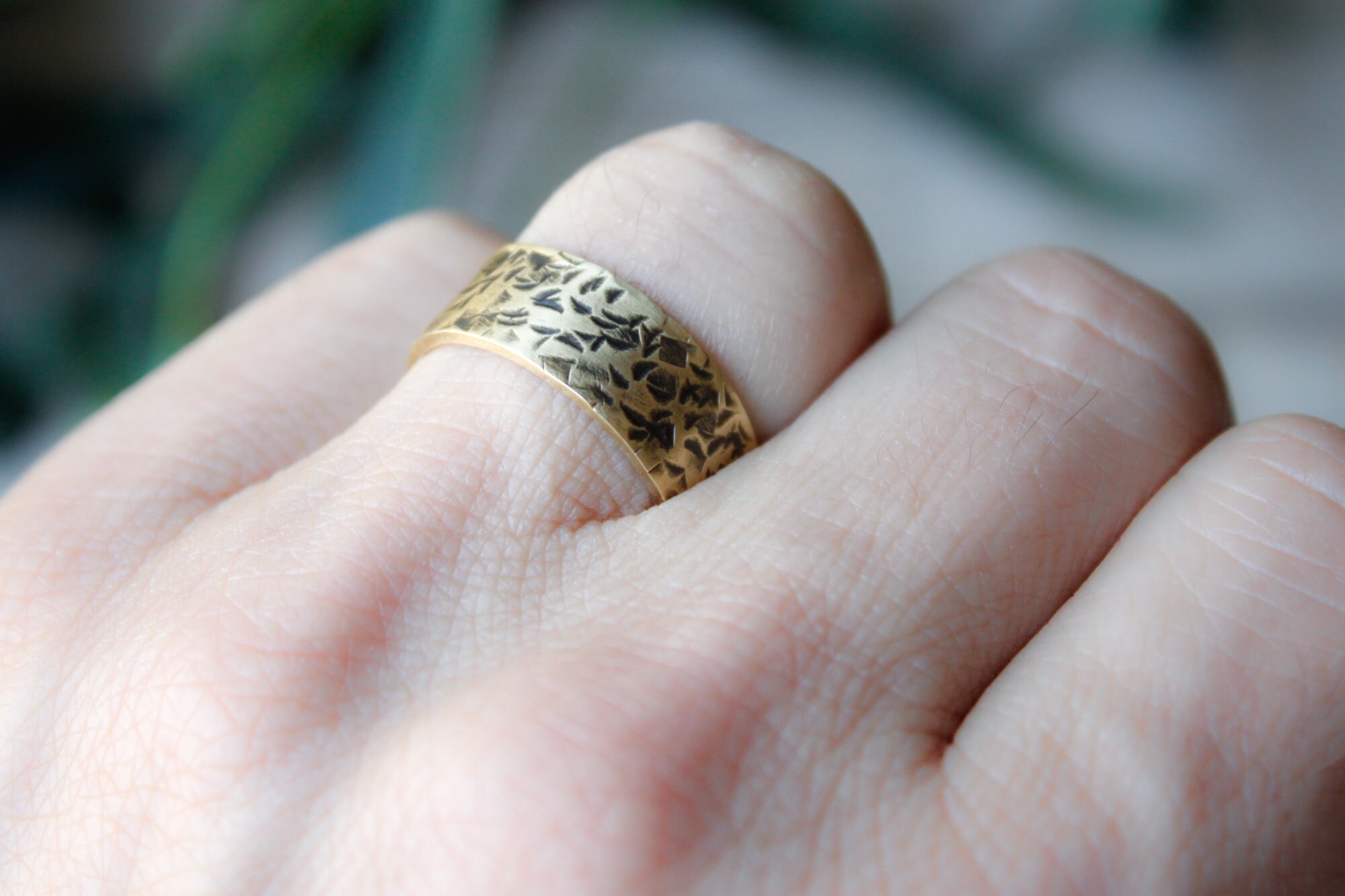 Wide gold band ring handmade with hammered brass. Band ring for men and