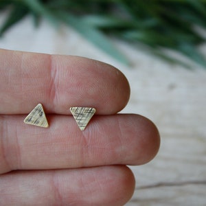 Triangle tiny stud earrings, gold lobe earrings, men stud earrings, handmade brass earrings, minimal stud earrings, triangle earrings image 3