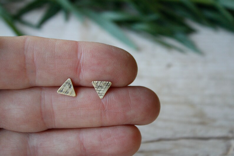 Triangle tiny stud earrings, gold lobe earrings, men stud earrings, handmade brass earrings, minimal stud earrings, triangle earrings image 3