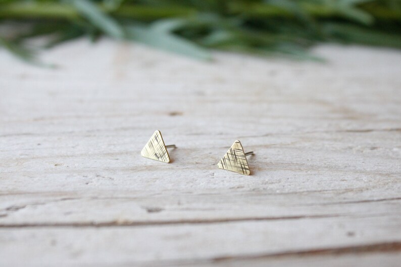 Triangle tiny stud earrings, gold lobe earrings, men stud earrings, handmade brass earrings, minimal stud earrings, triangle earrings image 7
