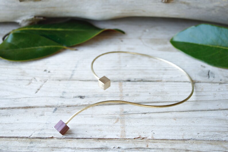 minimal necklace shiny hammered brass and geometric wood Gold flexible choker handmade necklace for woman gift for girl bridesmaid
