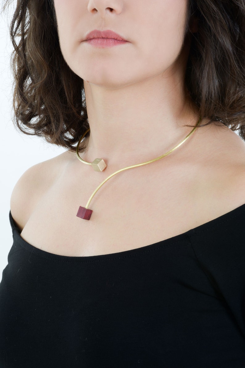 minimal necklace shiny hammered brass and geometric wood Gold flexible choker handmade necklace for woman gift for girl bridesmaid