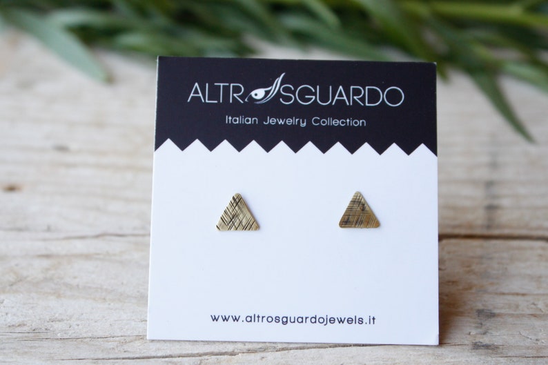 Triangle tiny stud earrings, gold lobe earrings, men stud earrings, handmade brass earrings, minimal stud earrings, triangle earrings image 6