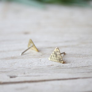 Triangle tiny stud earrings, gold lobe earrings, men stud earrings, handmade brass earrings, minimal stud earrings, triangle earrings image 4