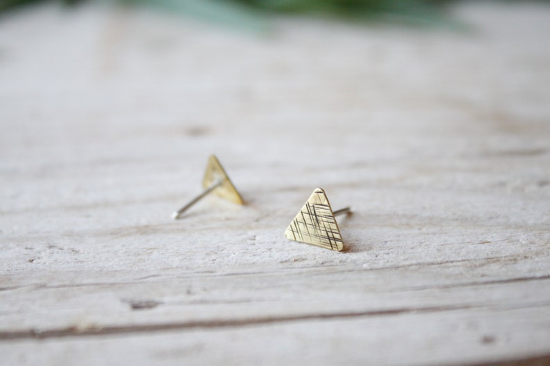 Triangle tiny stud earrings, gold lobe earrings, men stud earrings, handmade brass earrings, minimal stud earrings, triangle earrings image 4