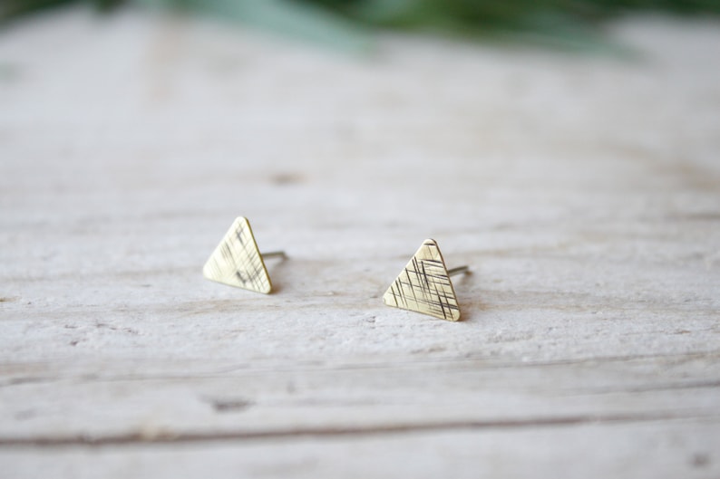 Triangle tiny stud earrings, gold lobe earrings, men stud earrings, handmade brass earrings, minimal stud earrings, triangle earrings image 1