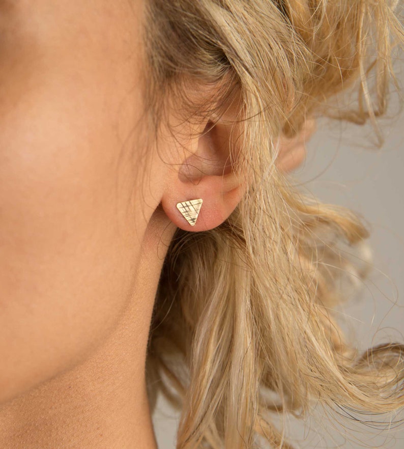 Triangle tiny stud earrings, gold lobe earrings, men stud earrings, handmade brass earrings, minimal stud earrings, triangle earrings image 2