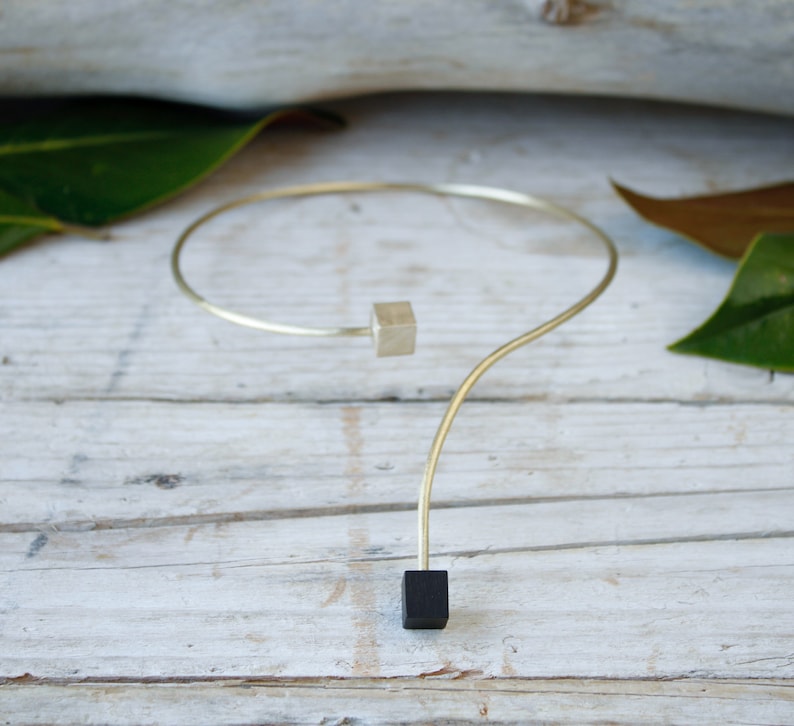 Gold flexible choker handmade necklace for woman minimal necklace gift for girl bridesmaid shiny hammered brass and geometric wood
