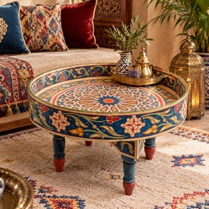 May include: A round wooden coffee table featuring a vibrant hand-painted floral and geometric pattern in shades of blue, red, and yellow. The table stands on three short, sturdy legs painted in blue and red, with a raised edge around the tabletop.