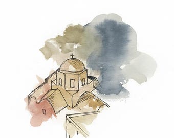 Santorini Watercolor Sketch | Architectural Art Print | Mediterranean Wall Art