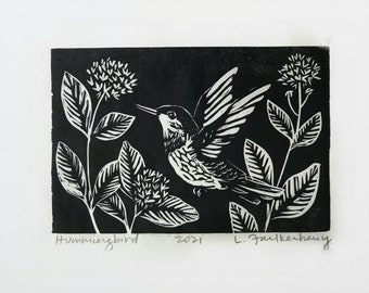 Hummingbird Linocut Original Art Print, Small Wall Art Print, Home Decor for Bird Lover