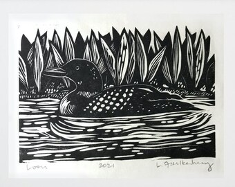 Loon Linocut Print, Original Art Home Decor, 5 x 7