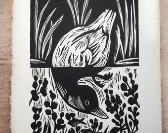 Linocut Fine Art Print, Duck Pond Linocut Block Print, Rustic Home Decor Gift for Her