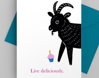 Tarjeta de cumpleaños divertida para un amigo, tarjeta Phillip negra, tarjeta de San Valentín Live Deliciously con cabra