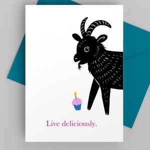 Funny Birthday Card for Friend, Black Phillip Card, Live Deliciously Valentine Card with Goat