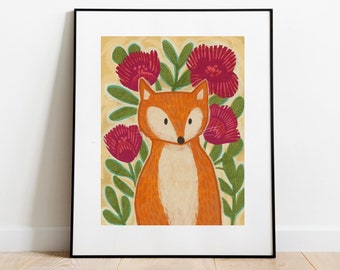 Spring Fox Wall Art Print para guardería, estampado animal colorido, decoración moderna del hogar