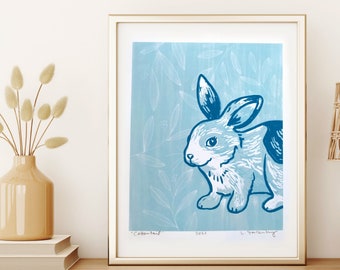 Blue Rabbit Nursery Print, Original Wall Art with Bunny, Cute Animal Print for Baby Shower, Gift for Her