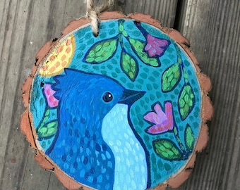 Painted Bird Ornament, Rustic Home Decor, Gift for Nature Lover