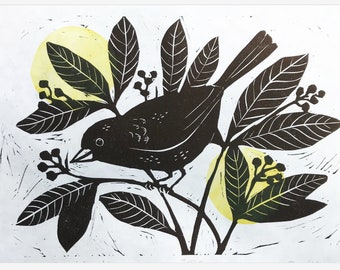 Lino cut Print with Blackbird, Original Art Print, Linocut Print Nature, Woodland Blackbird Letterpress Print