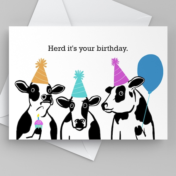 Funny Cow Birthday Card for Friend, Cute Happy Birthday Card for Him, Card from Group, Office Birthday