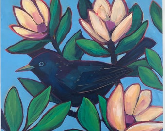 Bird Painting on Panel, Starling Original Wall Art, Fine Art for Nature Lover