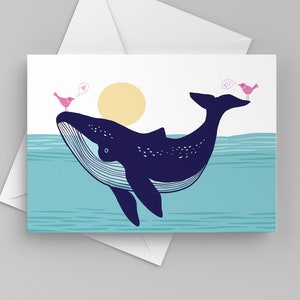Jolie carte de Saint-Valentin avec baleine et oiseaux, carte Je t'aime, carte de voeux tu me manques