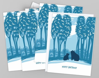 Happy Birthday Card with Woodland Bears, Set of 5 Birthday Cards for Nature Lover