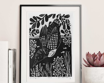 Diving Loon Linocut Block Print, Original Wall Art Print, Black and White Fine art Print