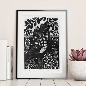 Diving Loon Linocut Block Print, Original Wall Art Print, Black and White Fine art Print image 1