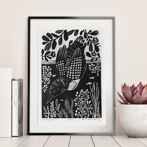 Diving Loon Linocut Block Print, Original Wall Art Print for Nature Lover