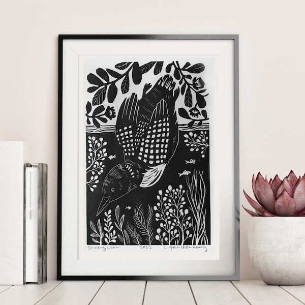 Diving Loon Linocut Block Print, Original Wall Art Print for Nature Lover