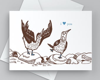 Cute Booby I Love You Card, Funny Valentine, Anniversary Card with Birds