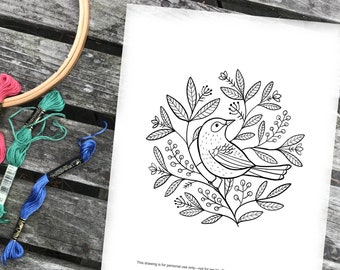 Download Embroidery Pattern with Bird, Instant Download Pattern or Coloring Page, DIY Craft Project