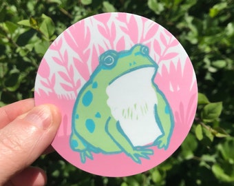 Vinyl Frog Sticker, Round Laptop Sticker, Cute Grumpy Toad Sticker