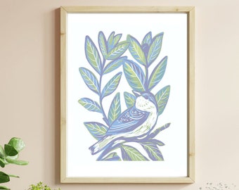 Wall Art Print with Bird, Rustic Home Decor for Nursery, Gift for Nature Lover