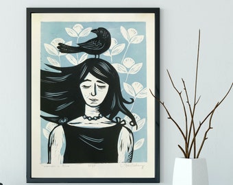 Linocut Art Print, Portrait of a Woman with Bird, Fine Art Block Print