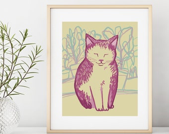 Wall Art Print with Cat, Colorful Nursery Print, Gift for CatLover, Modern Home Decor