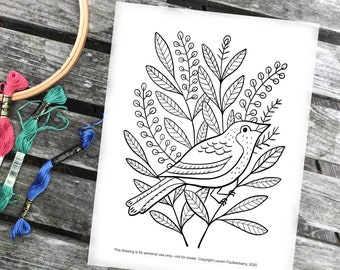 Single Bird Embroidery Pattern / Coloring Page with Birds / Instant Download Pattern